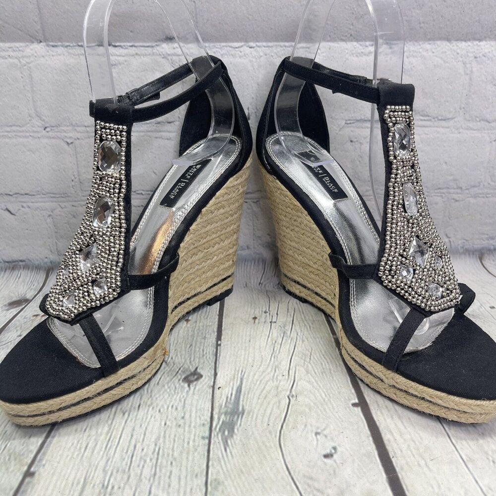 WHBM Black Wedges Rhinestone T Strap Women Size 7 Elegant Vacation Resort Chic - Picture 6 of 14